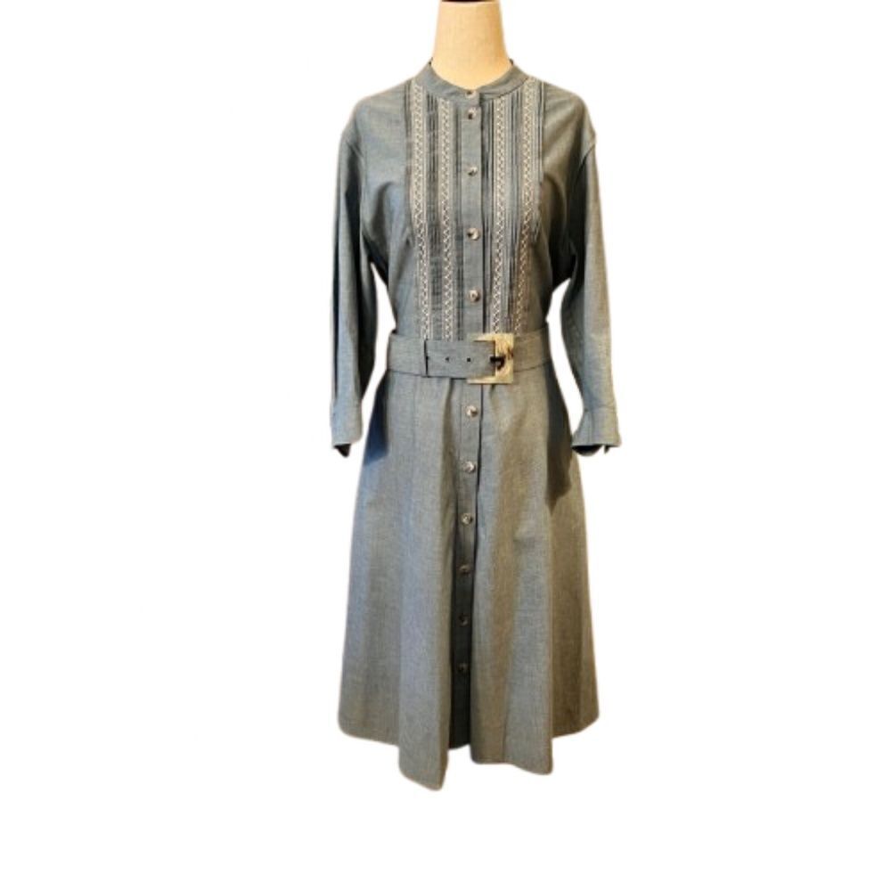 NWOT Lafayette 148 Embroidered Cotton Chambray Midi Shirtdress Shirt Dress 10 - Picture 2 of 6